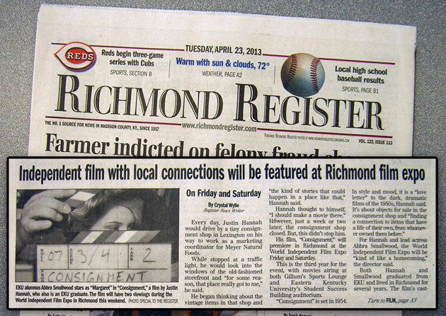 Consignment movie interview with Justin Hannah makes the front page of the Richmond Register